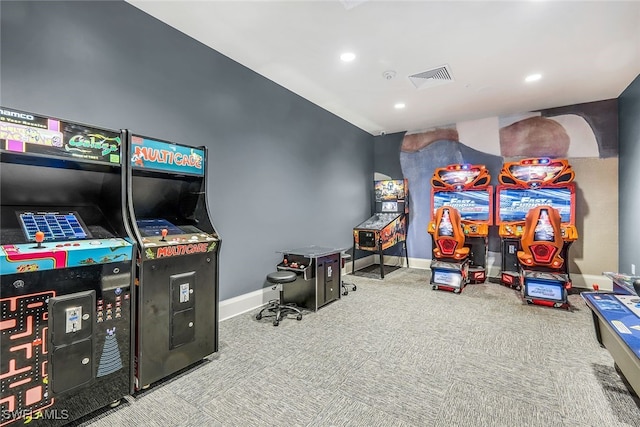 recreation room featuring carpet flooring