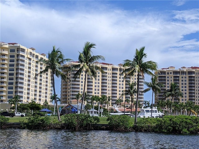 view of building exterior featuring a water view