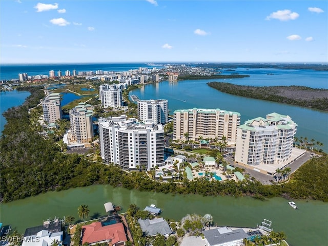 bird's eye view with a water view