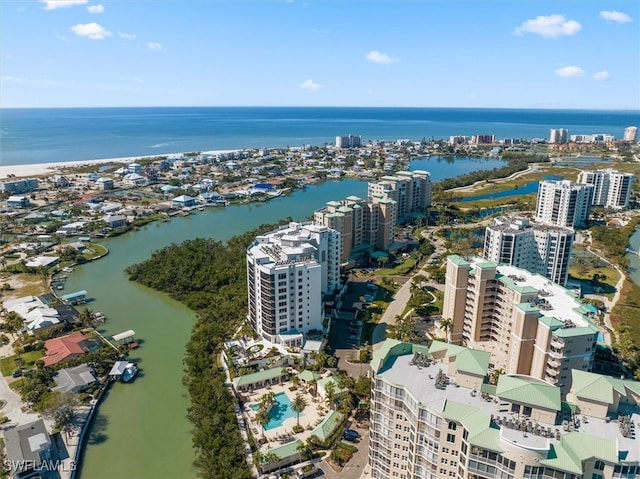 drone / aerial view with a water view