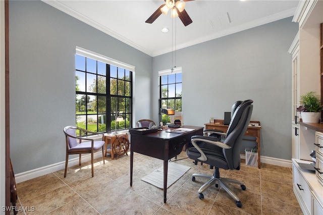 office area with ceiling fan, light tile patterned floors, and crown molding