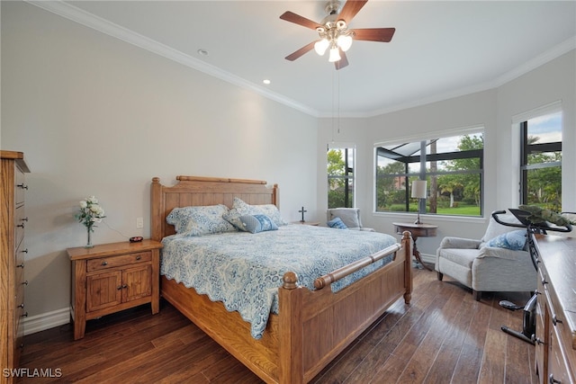 bedroom featuring ceiling fan, dark wood-type flooring, and ornamental molding