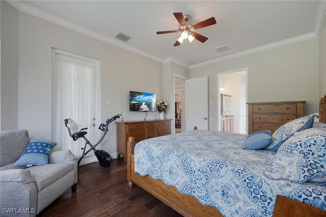 bedroom with ceiling fan, dark hardwood / wood-style floors, ornamental molding, and ensuite bathroom