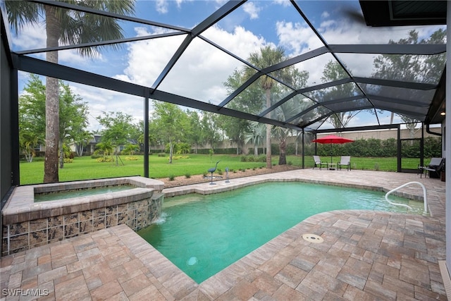 view of pool with a patio, glass enclosure, and a lawn