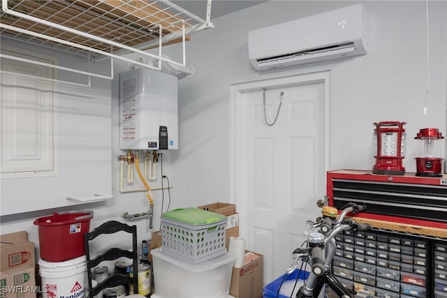 utility room featuring water heater and a wall mounted AC