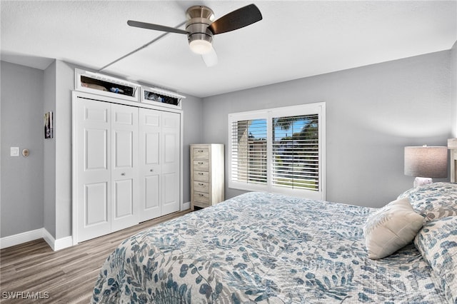 bedroom featuring wood-type flooring, ceiling fan, and a closet