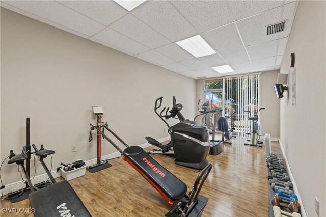 workout area featuring a paneled ceiling and hardwood / wood-style flooring