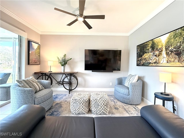 living room featuring ceiling fan and crown molding