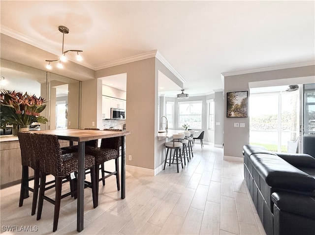 dining area with light hardwood / wood-style floors and crown molding