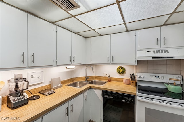 kitchen featuring white cabinets, black dishwasher, white range with electric stovetop, and exhaust hood