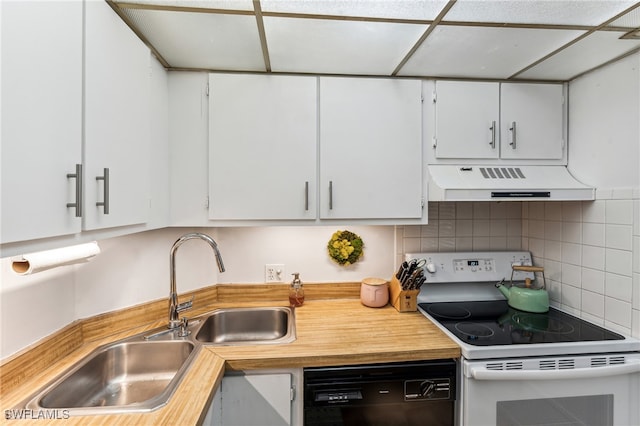 kitchen with dishwasher, sink, exhaust hood, electric range, and white cabinetry