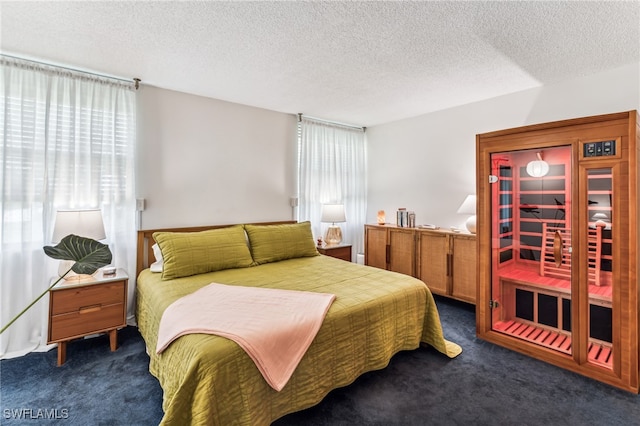 bedroom featuring dark colored carpet and a textured ceiling