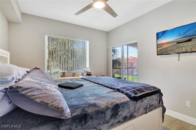 bedroom with access to outside, baseboards, ceiling fan, and light wood finished floors