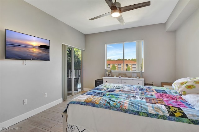 bedroom with access to exterior, baseboards, and a ceiling fan