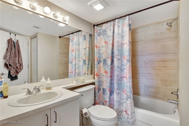 full bathroom featuring shower / bath combination with curtain, visible vents, vanity, and toilet