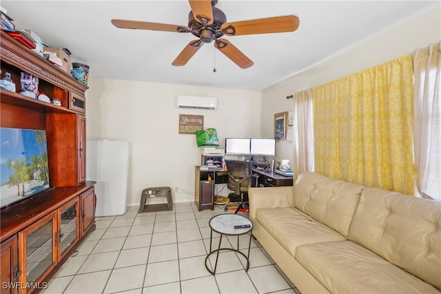 living room featuring ceiling fan, light tile patterned flooring, and an AC wall unit