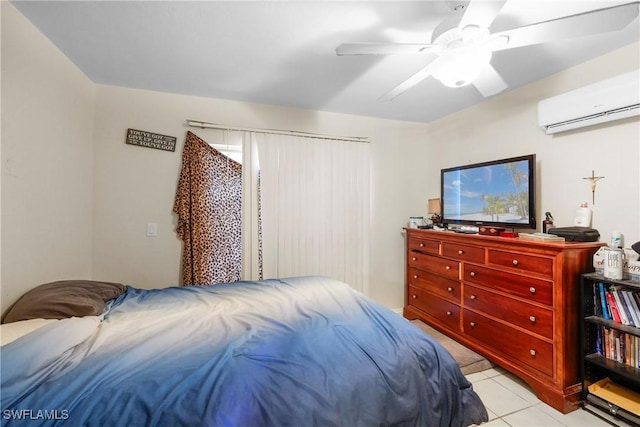 tiled bedroom featuring an AC wall unit and ceiling fan