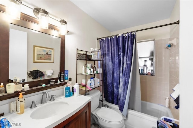 full bathroom featuring shower / bath combo, toilet, and vanity