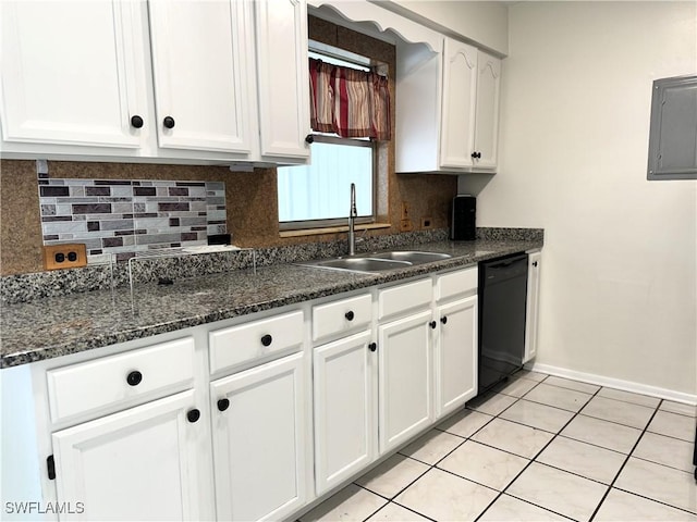 kitchen with sink, black dishwasher, light tile patterned flooring, backsplash, and white cabinets