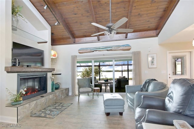 living room featuring wooden ceiling, rail lighting, hardwood / wood-style flooring, ceiling fan, and a premium fireplace