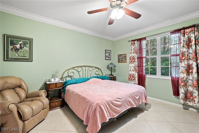 bedroom with ornamental molding, ceiling fan, and light tile patterned flooring