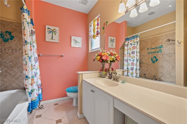 full bathroom with toilet, shower / bath combo, vanity, and tile patterned floors