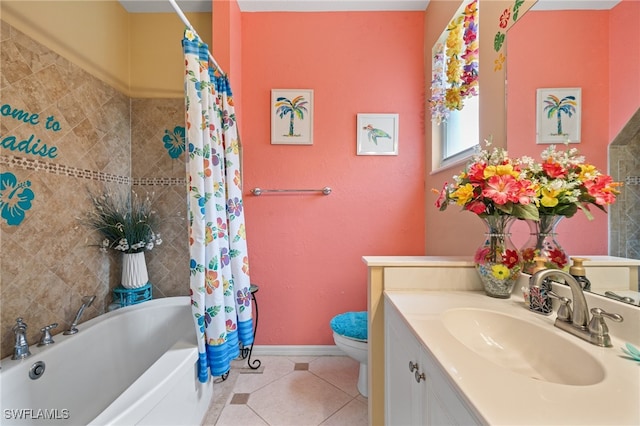 full bathroom featuring tile patterned flooring, vanity, toilet, and shower / bathtub combination with curtain