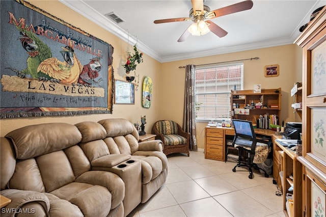 office with ceiling fan, light tile patterned floors, and crown molding