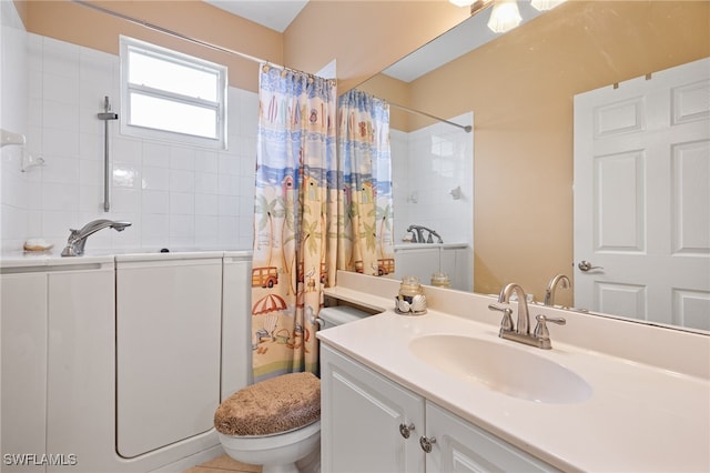 full bathroom featuring separate shower and tub, vanity, and toilet