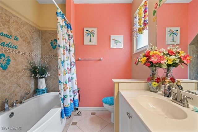 7452 Berkshire Pines Dr, Naples, FL 34104 - full bathroom featuring vanity, tile patterned flooring, and shower / tub combo with curtain