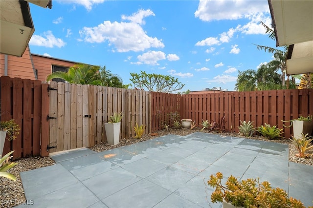 view of patio / terrace featuring a fenced backyard and a gate