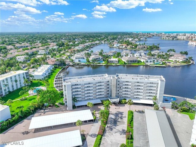 drone / aerial view featuring a water view