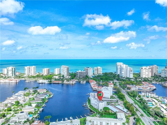 drone / aerial view featuring a water view