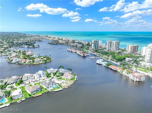 bird's eye view with a water view