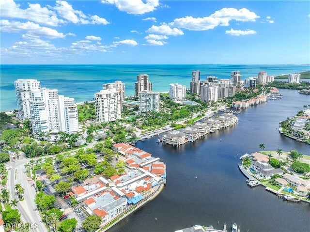 drone / aerial view featuring a water view