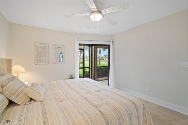 bedroom featuring access to outside, ceiling fan, and light hardwood / wood-style floors