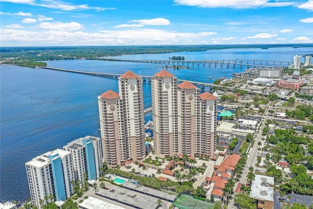 aerial view featuring a water view