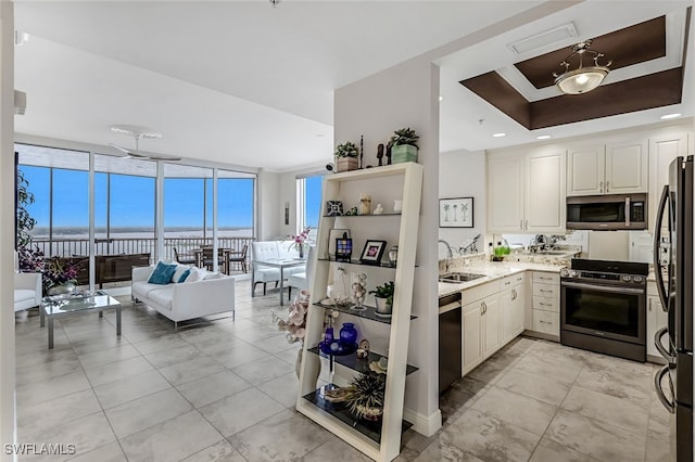 kitchen with floor to ceiling windows, sink, white cabinetry, and stainless steel appliances