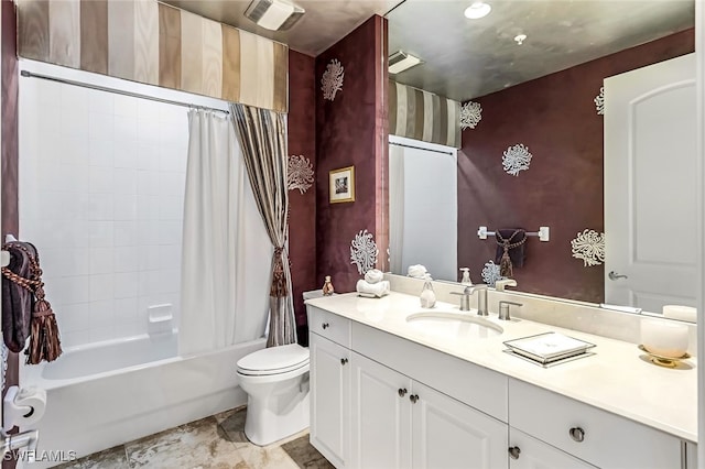 full bathroom featuring shower / bath combo, toilet, and vanity