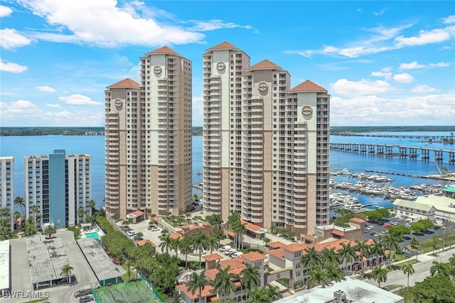 view of building exterior featuring a water view