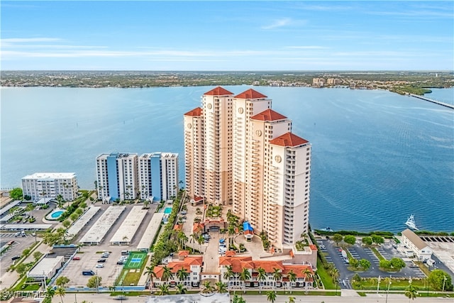 birds eye view of property featuring a water view