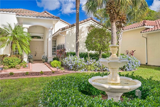 view of exterior entry with a yard