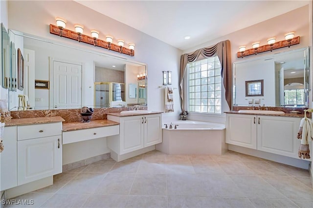 bathroom with vanity, separate shower and tub, and tile patterned flooring