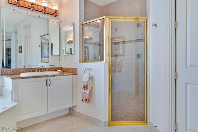 bathroom with tile patterned floors, an enclosed shower, and vanity