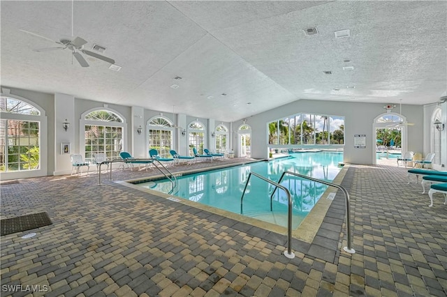 view of pool featuring ceiling fan