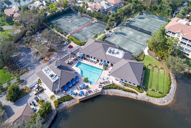 drone / aerial view featuring a water view