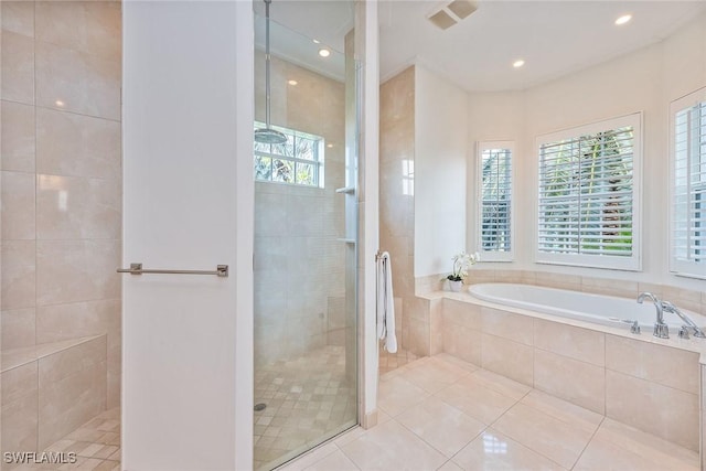 1627 Barbados Ct, Marco Island, FL 34145 - full bath with tile patterned floors, tiled shower, a garden tub, and recessed lighting
