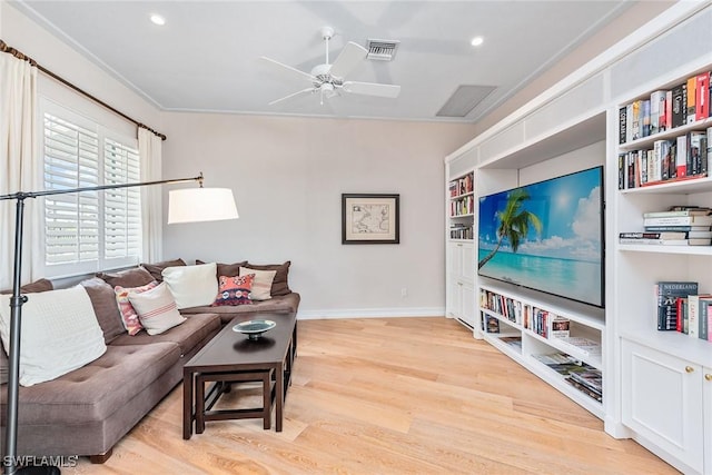 1627 Barbados Ct, Marco Island, FL 34145 - living area with light wood finished floors, ceiling fan, recessed lighting, and crown molding