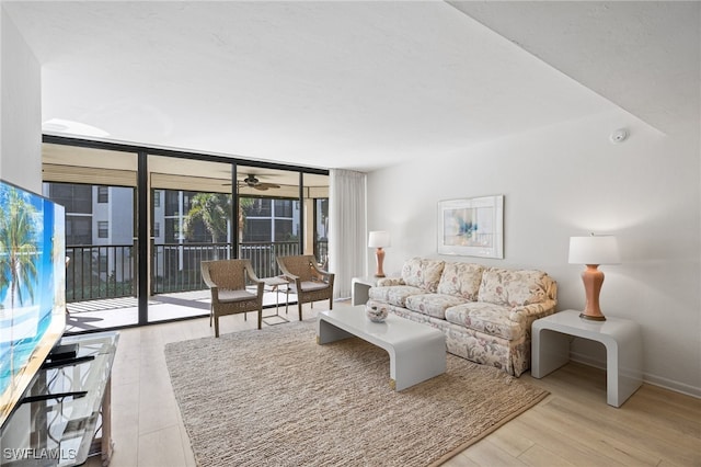 living room featuring expansive windows and light hardwood / wood-style flooring