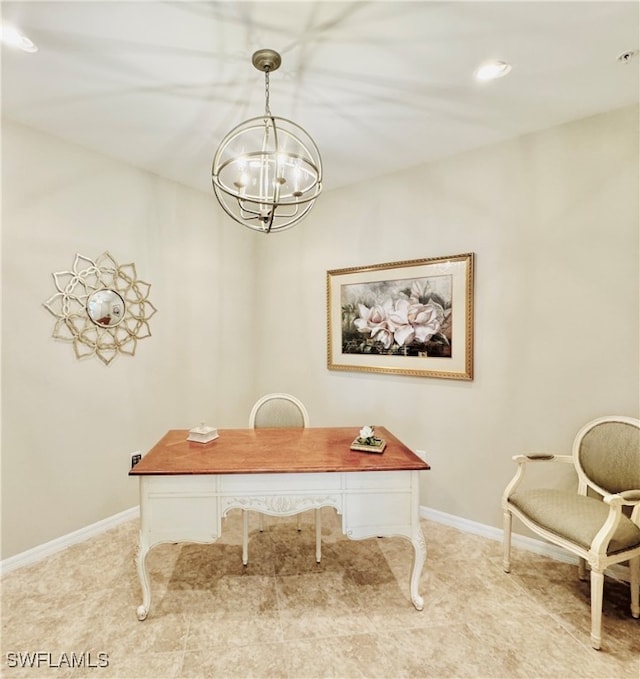 office area featuring an inviting chandelier